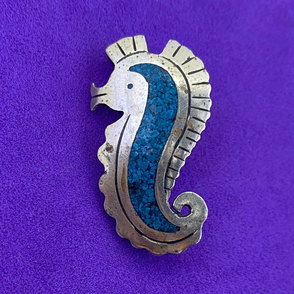 💛 Vintage Sterling Silver Plated Turquoise Inlay Seahorse Silver Brooch